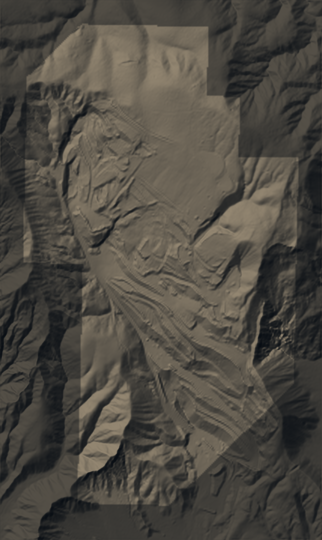 Plan view of the 2018 terrain, shaded relief, north up